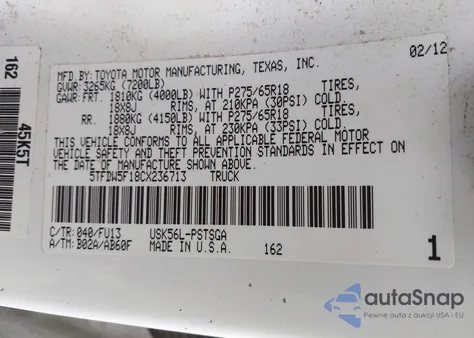 2012 Toyota Tundra Grade 5.7L V8 z USA, uszkodzony, nr VIN 5TFDW5F18CX236713